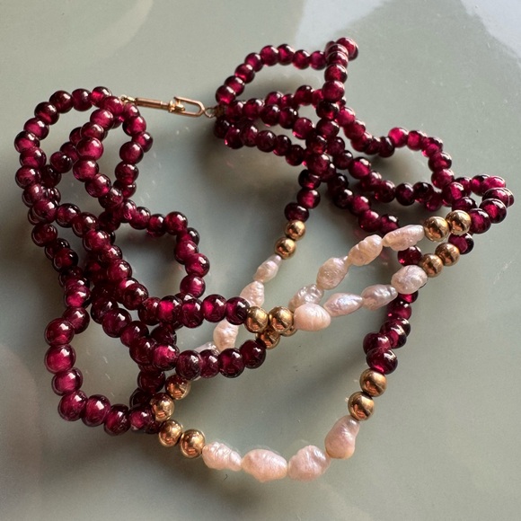 14K yellow gold raspberry garnet and seed pearls handmade layered bracelet
